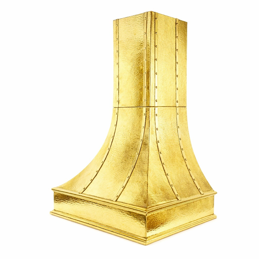Riveted Flare Tin Range Hood with Stepped Base side view on white background, flared bell canopy with riveted seam bands, tall chimney and deep stepped base profile design