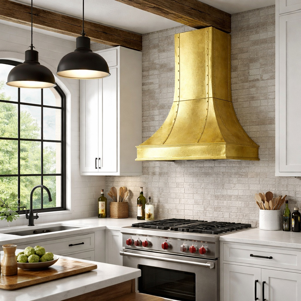 Riveted flare tin range hood with stepped base in industrial classic kitchen with clean cabinets and mixed metal accents