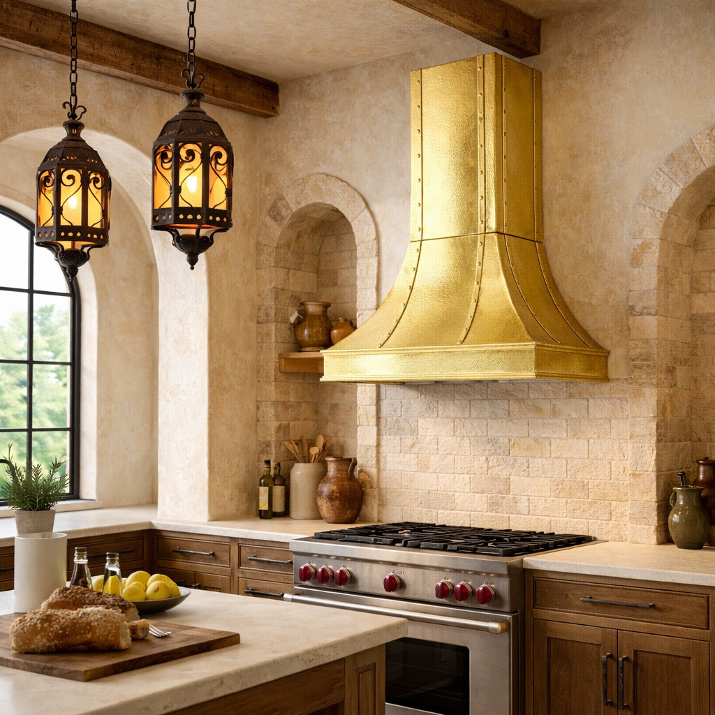 Riveted flare tin range hood with stepped base in Mediterranean Revival kitchen with arches, warm stone, creamy plaster
