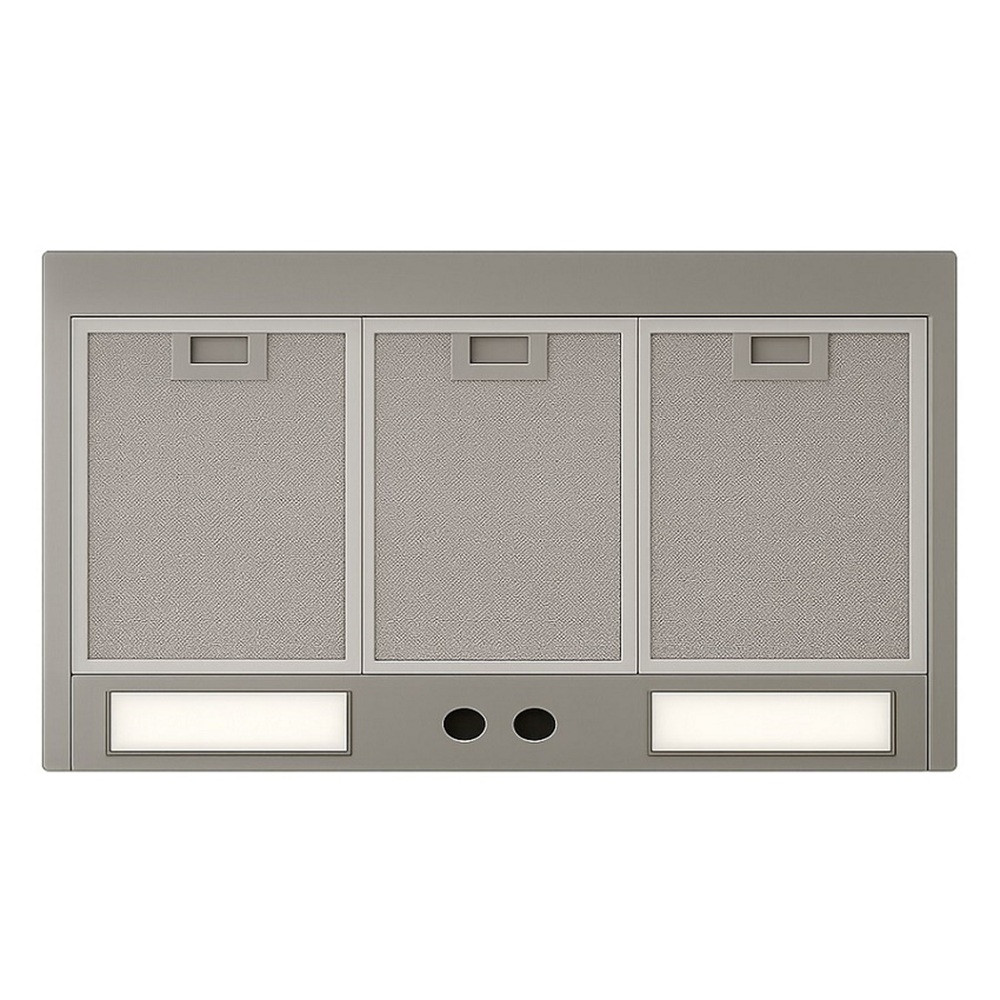 Underside view of riveted flare tin range hood with stepped base, showing insert, lights, and filters