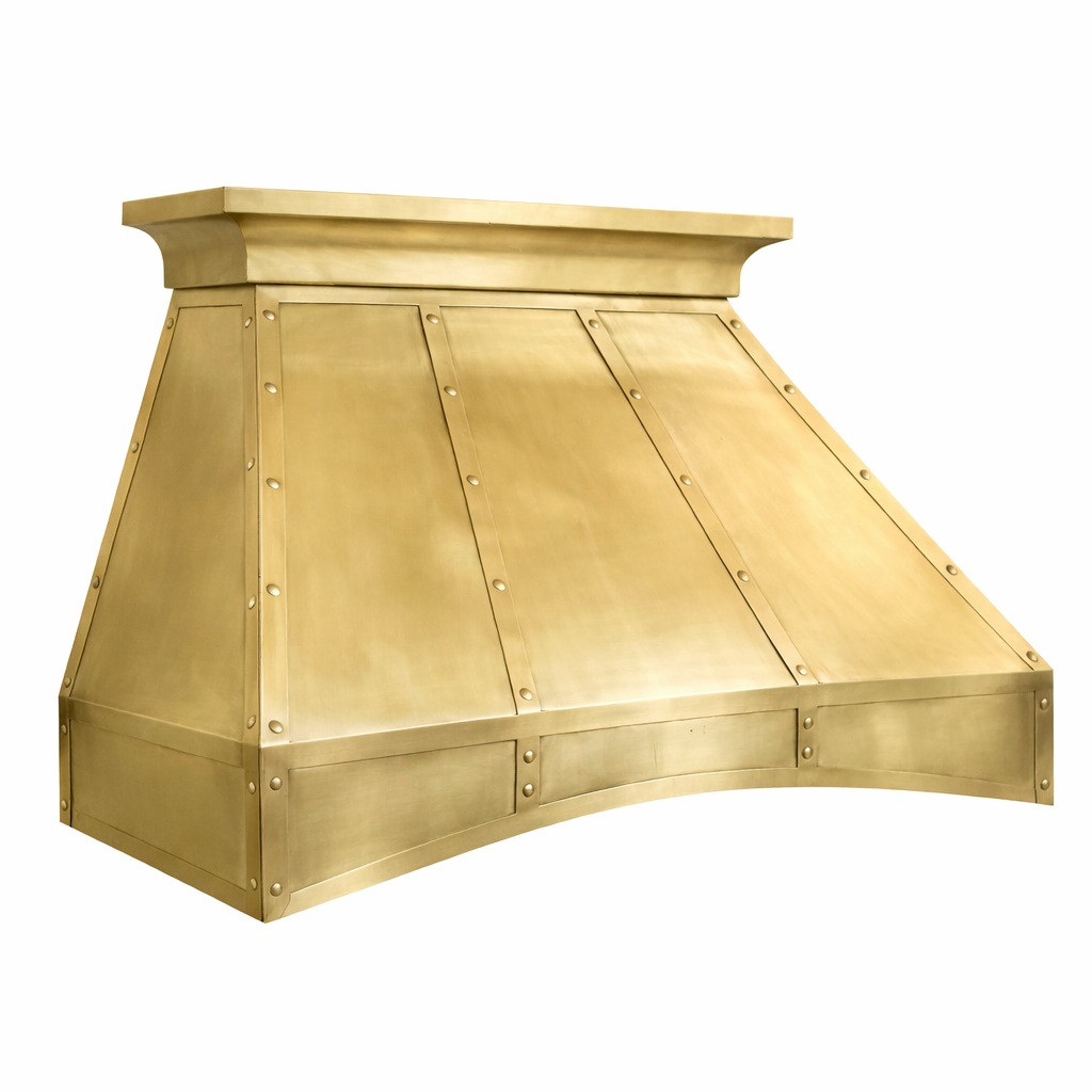 Architectural classic tin range hood with riveted seam bands, angled view