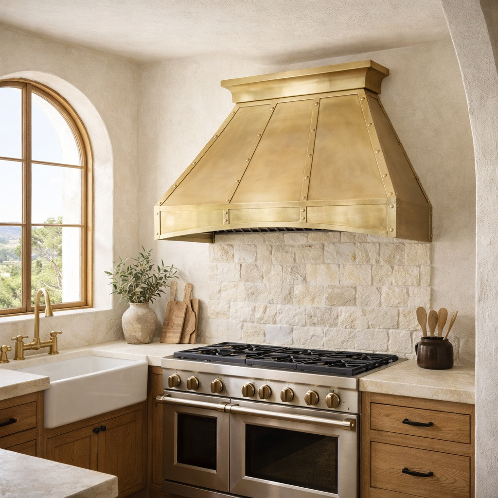 Tin range hood with riveted seam bands in modern Mediterranean kitchen with plaster arches, imestone backsplash and oak cabinets