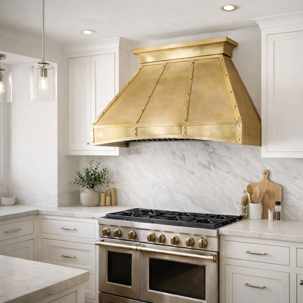 Tin range hood in a transitional kitchen with clean panels, riveted seams, mixed metals and stone surfaces