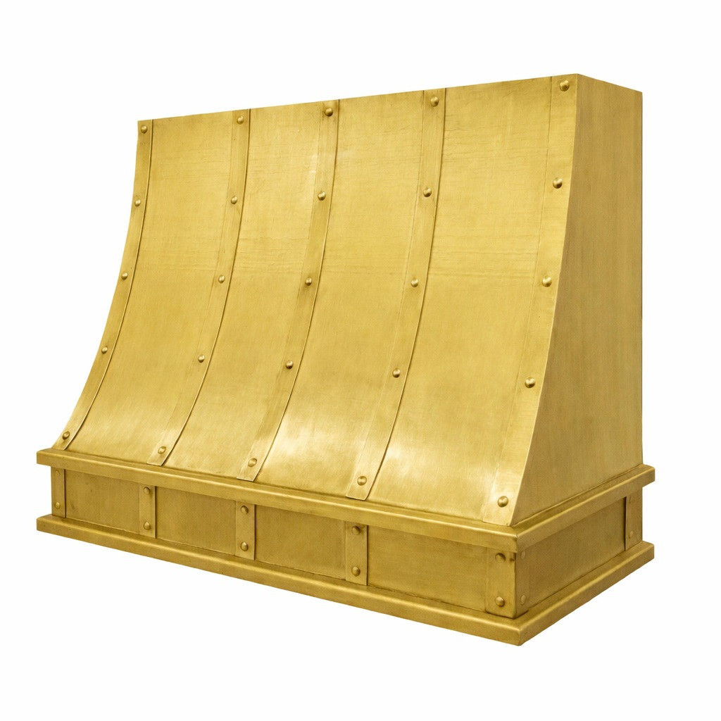 Angled view of tin bell canopy range hood cover with riveted straps