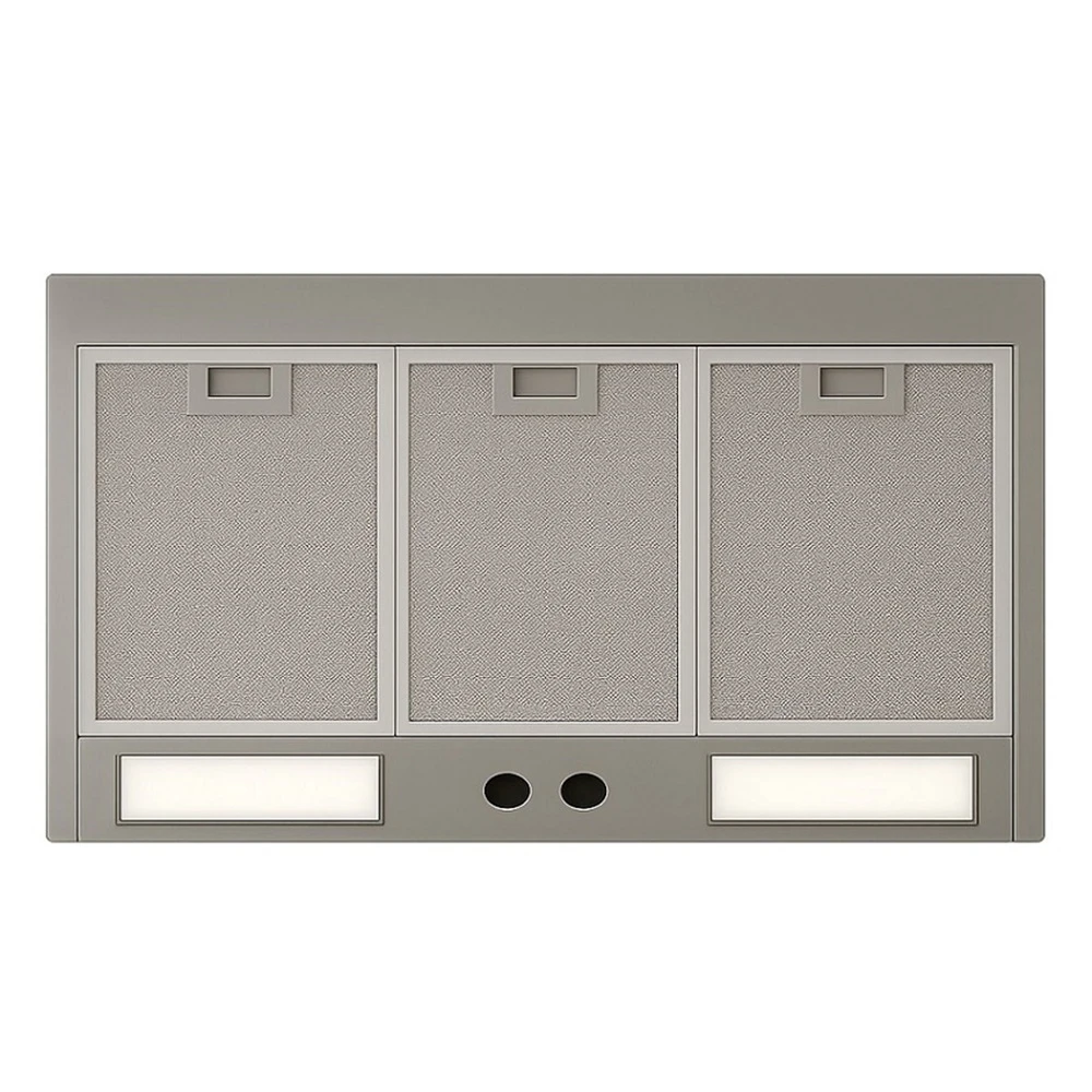 Tin bell canopy island hood cover with 200 CFM two speed insert, lights, and removable filters