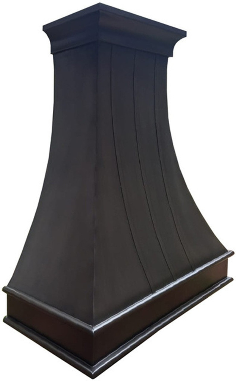 Dark zinc range hood with flared canopy and seamless straps, side view