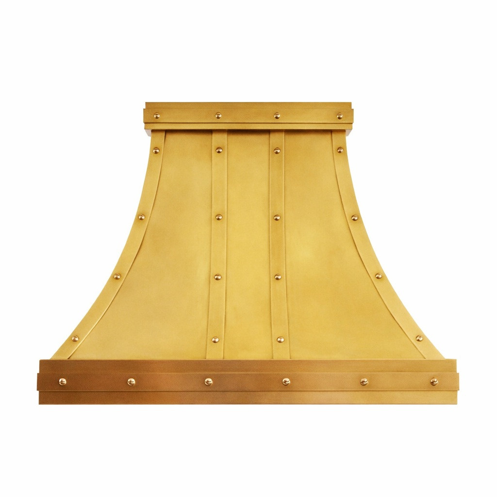 Riveted tin range hood with curved bell canopy and flared lower skirt, front view