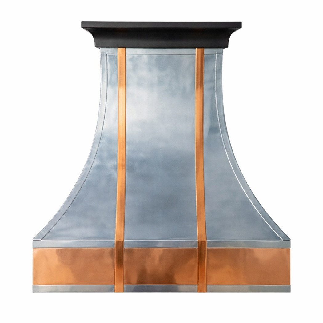Polished zinc range hood with copper straps and apron featuring a tall flared bell profile with smooth continuous curves