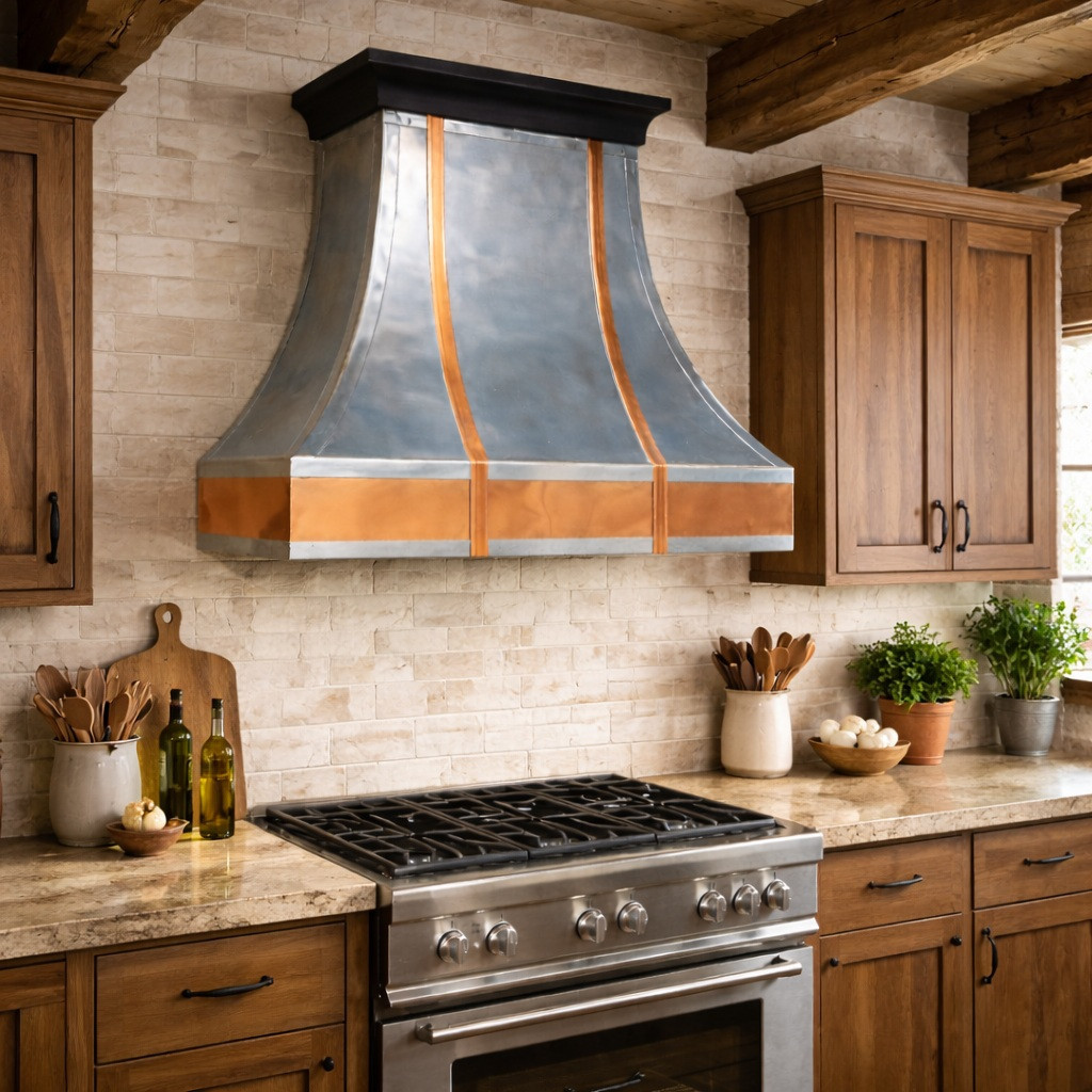 Polished zinc range hood with copper straps and apron in a transitional kitchen with a rustic flavour