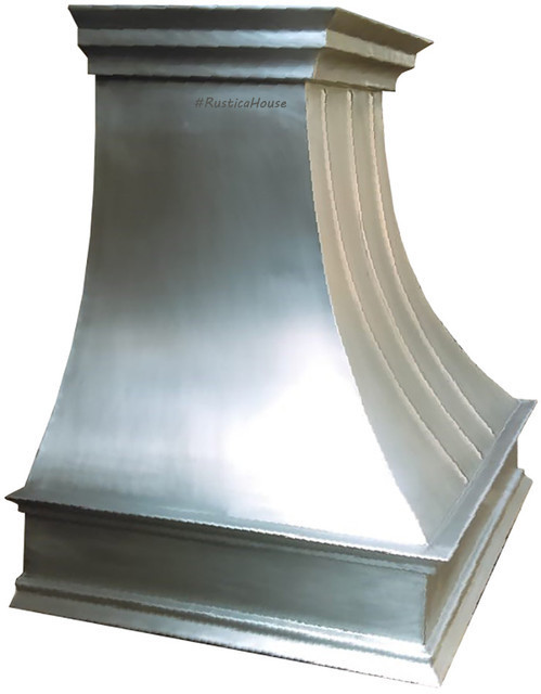 Natural zinc range hood with curved body and crown molding profile view