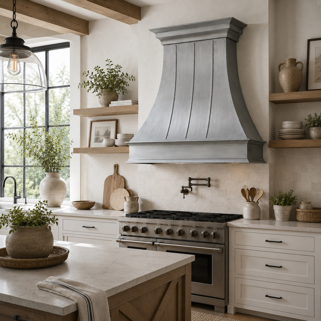 Refined farmhouse kitchen with natural zinc range hood, crown molding, and flared canopy