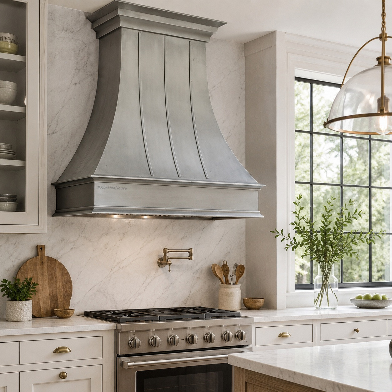 Modern European kitchen with natural zinc range hood, crown molding, and paneled front