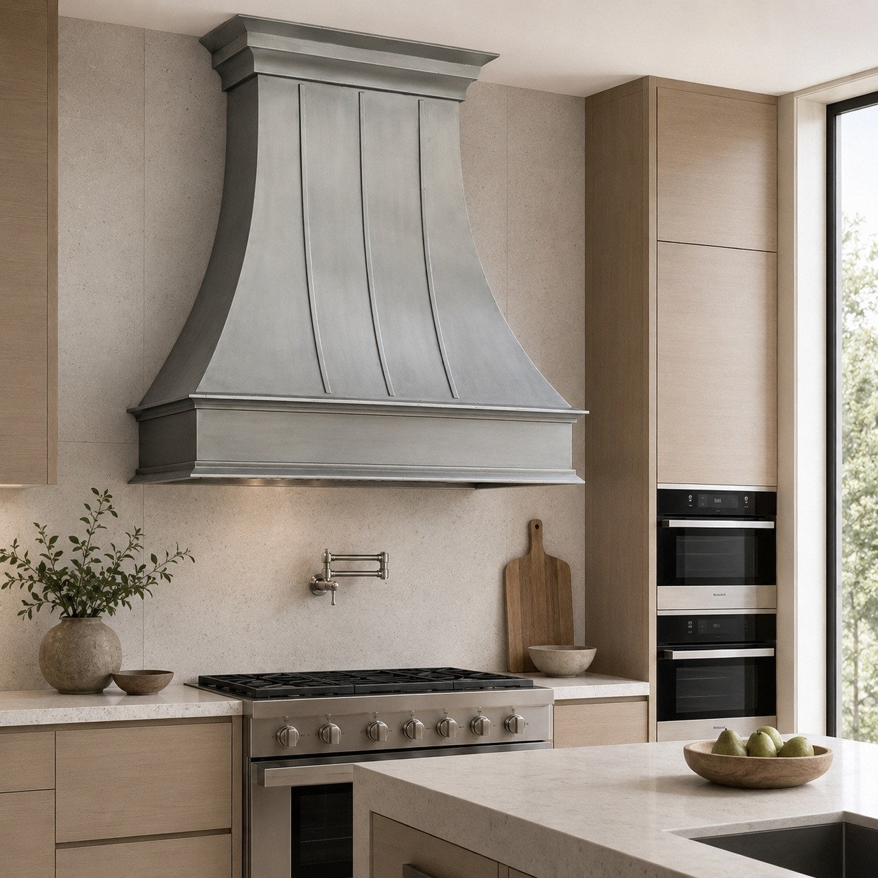 Natural zinc range hood with curved bell design in minimalist kitchen with flat-panel cabinetry and integrated appliances