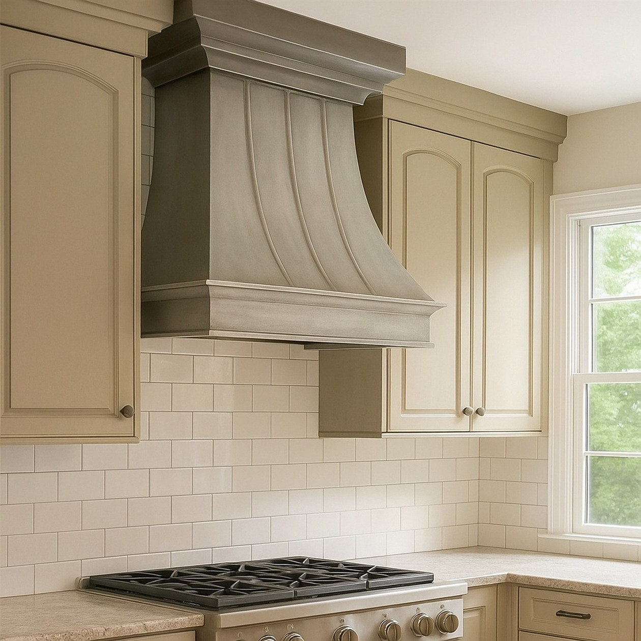 Transitional kitchen with natural zinc range hood, crown molding, and deep molded apron