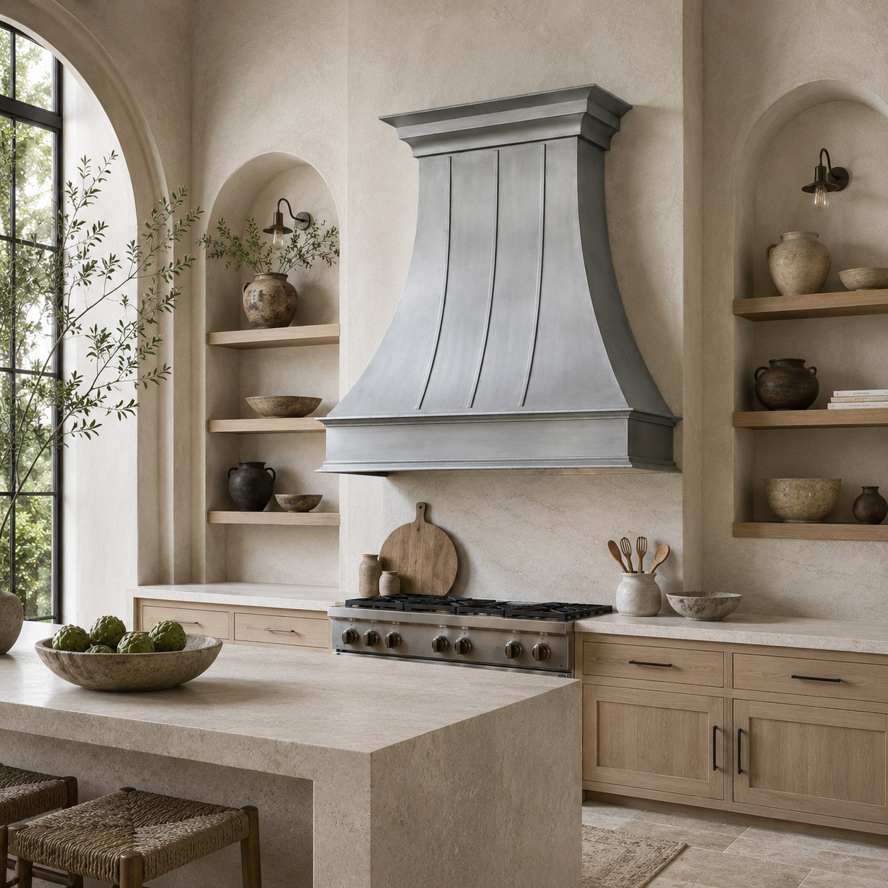 Organic modern kitchen with natural zinc range hood, crown molding, and pale natural finishes