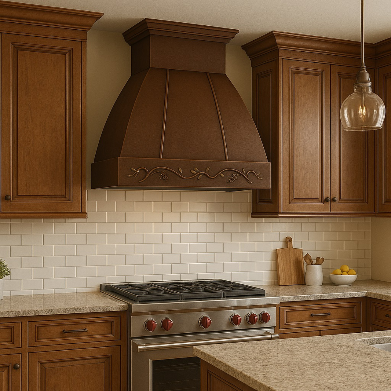Traditional style kitchen furnishing with a recirculating copper range hood