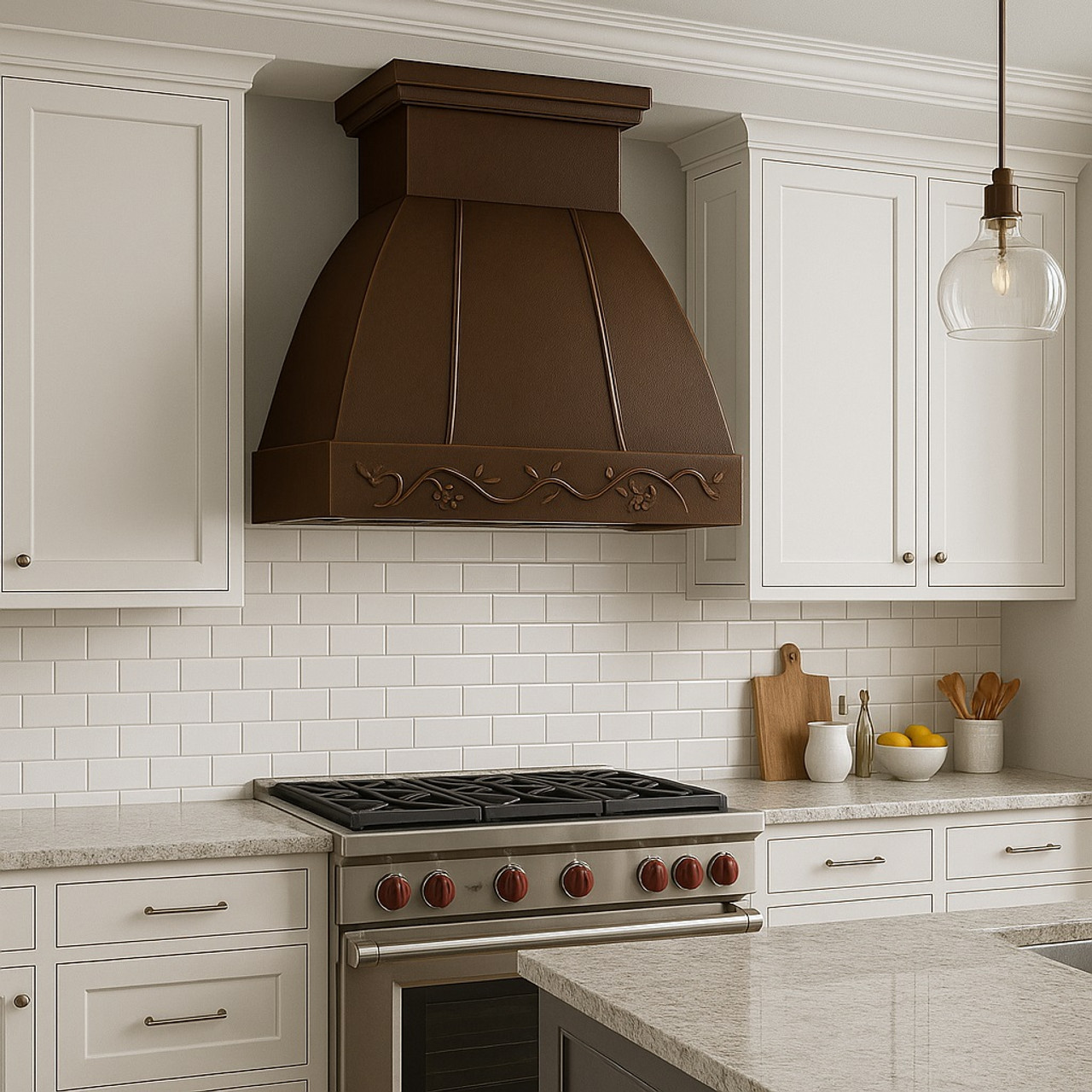 Transitional kitchen with a recirculating hand-hammered copper range hood