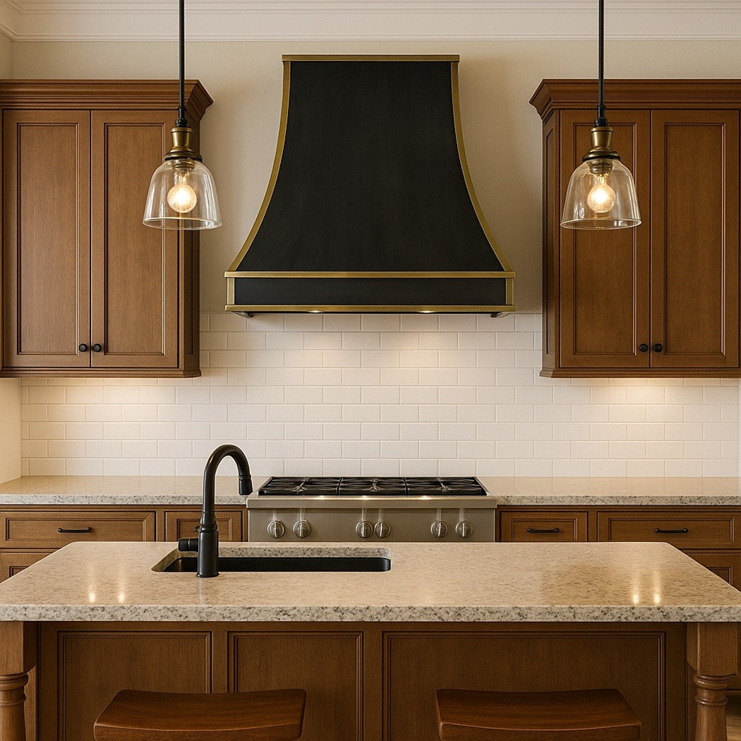 Sculpted black zinc bell range hood with copper straps in Southwestern kitchen with terracotta tones and iron accents