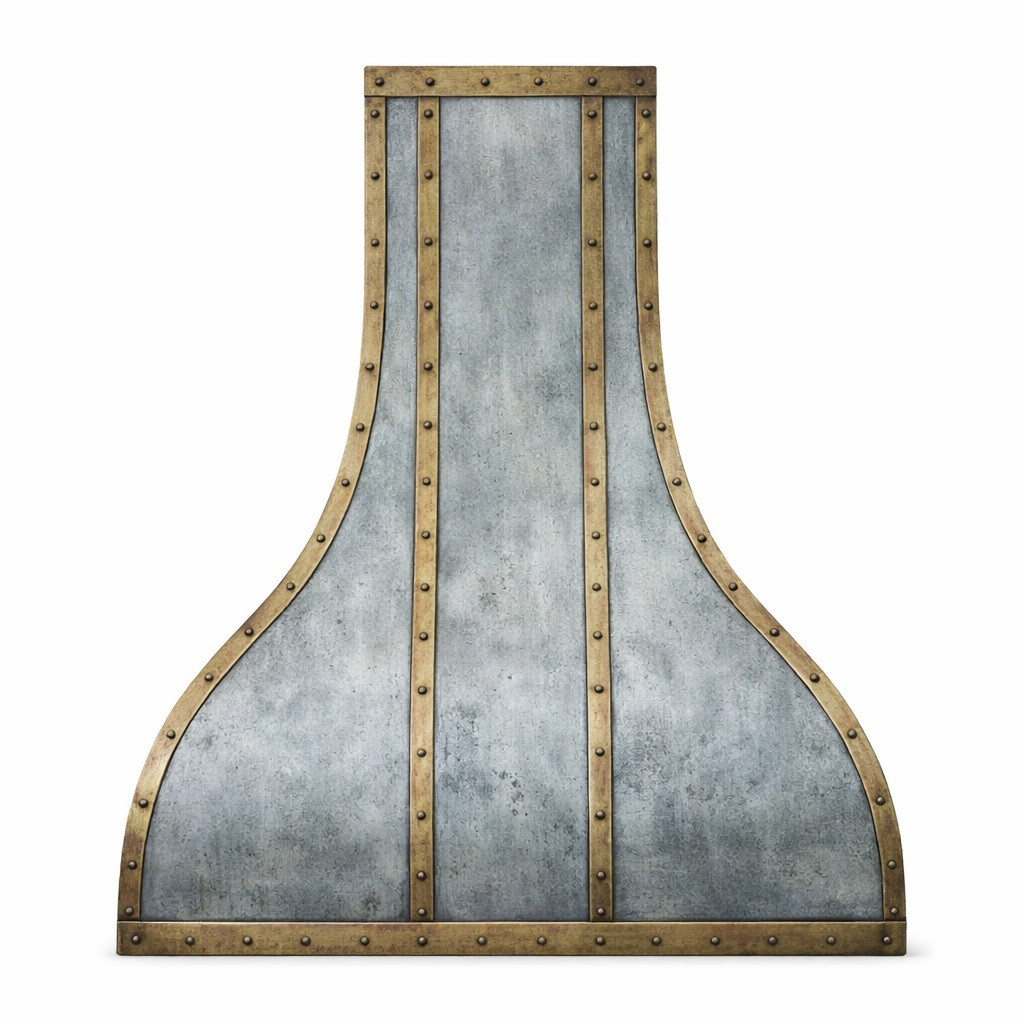 Antique zinc range hood with brass straps and rivets front view
