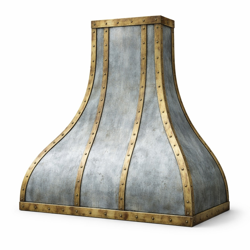 antique zinc range hood with brass straps and rivets side view