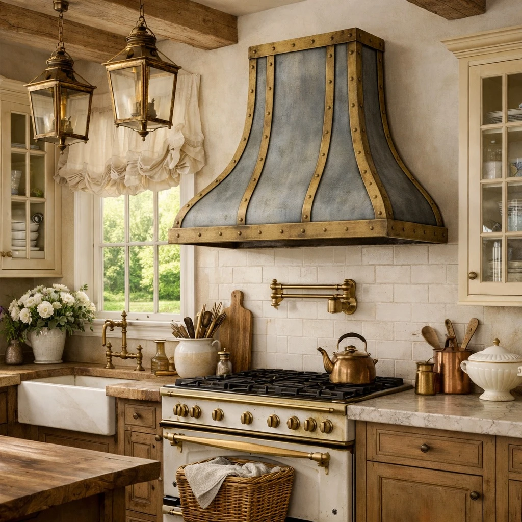 French kitchen with antique zinc range hood, brass straps, rivets, and elegant cabinetry