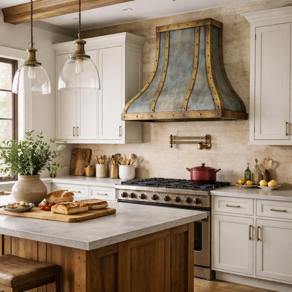 Antique zinc range hood with brass straps and rivets in a transitional rustic kitchen