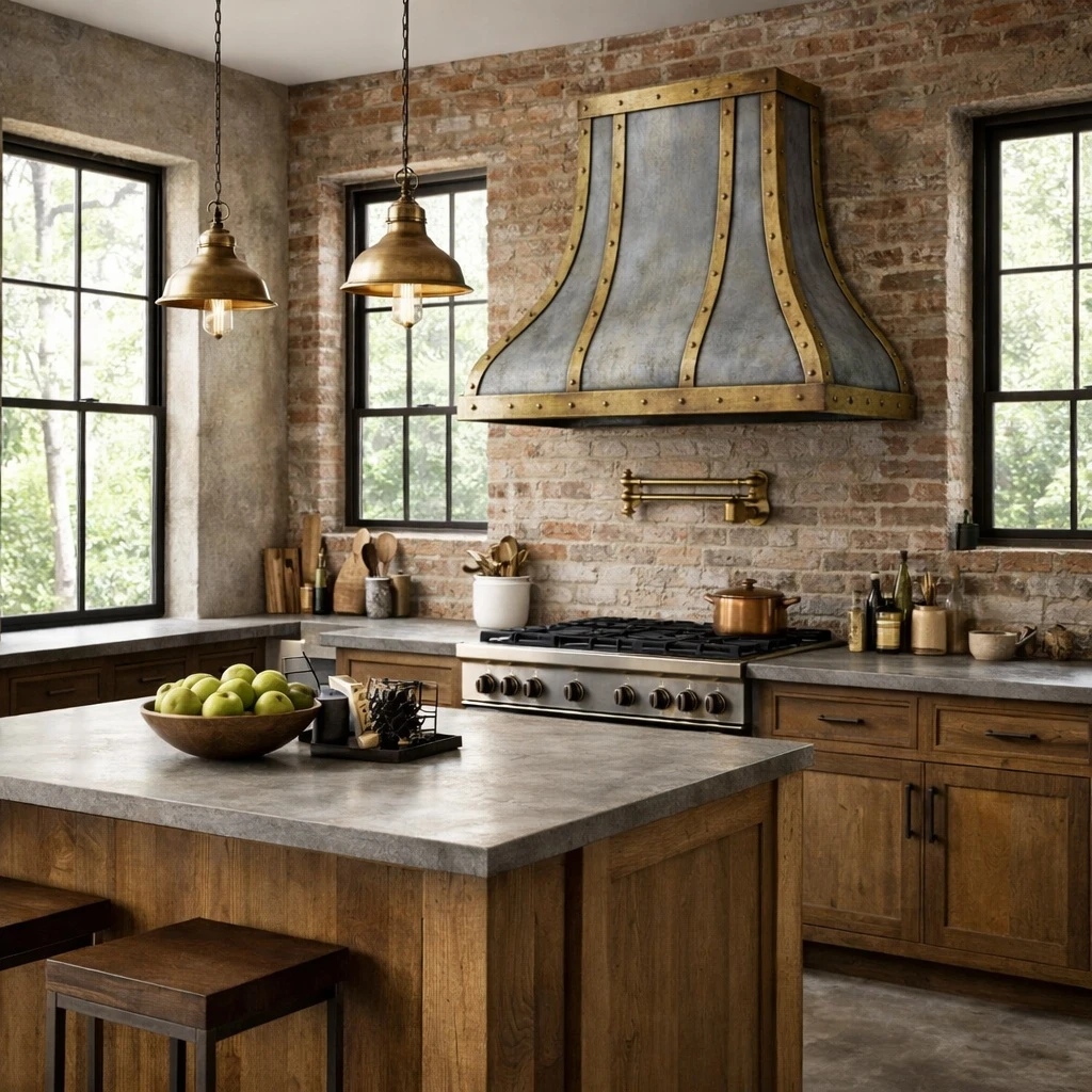 Vintage kitchen with antique zinc bell range hood, brass straps, and rivet details