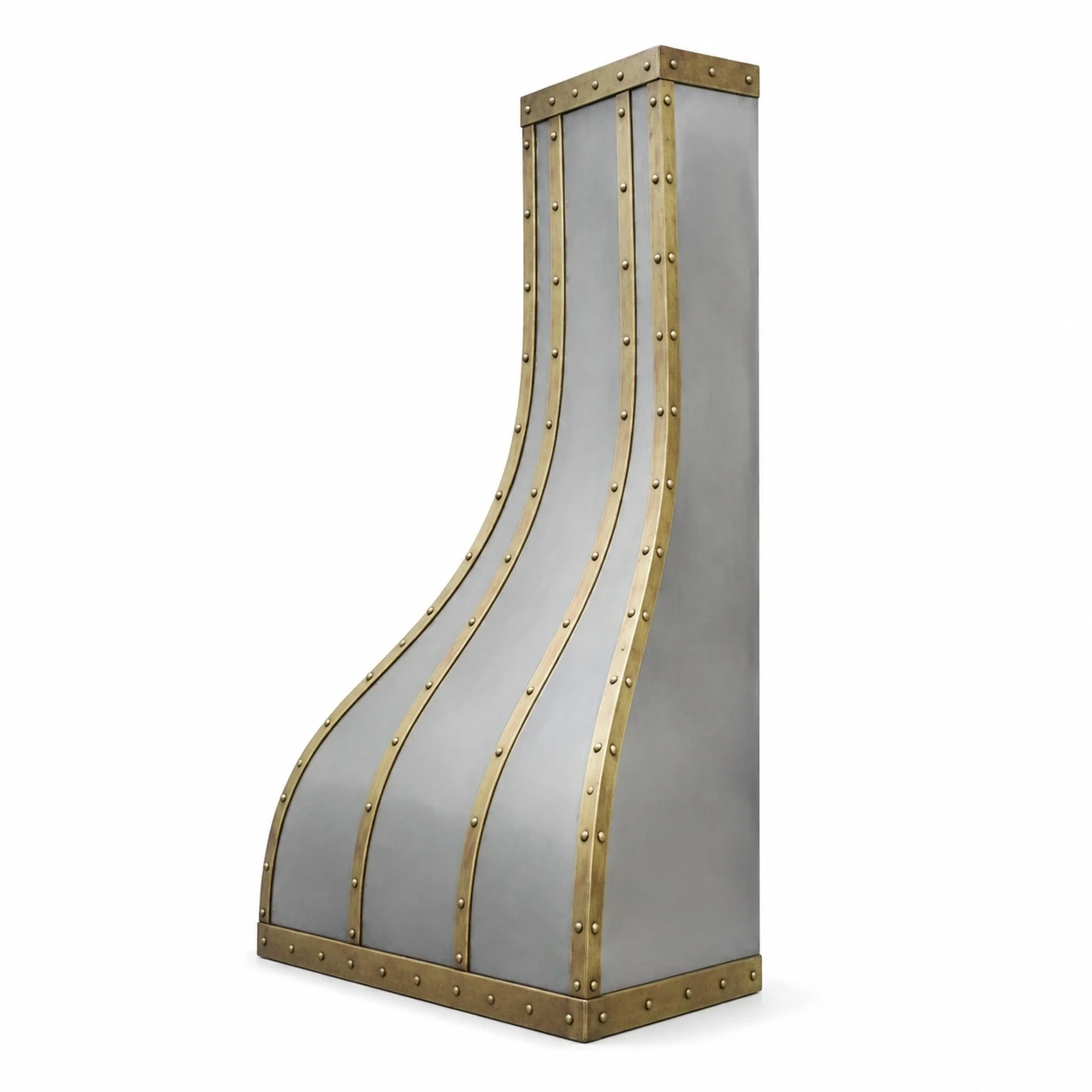 Antique zinc range hood with brass straps and rivets, side view showing the tall bell profile and brass edging