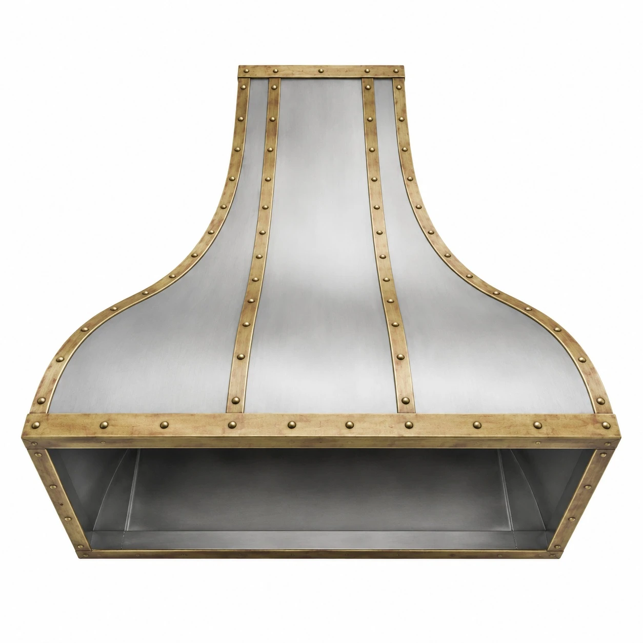 Underside view of antique zinc range hood prepared for insert opening