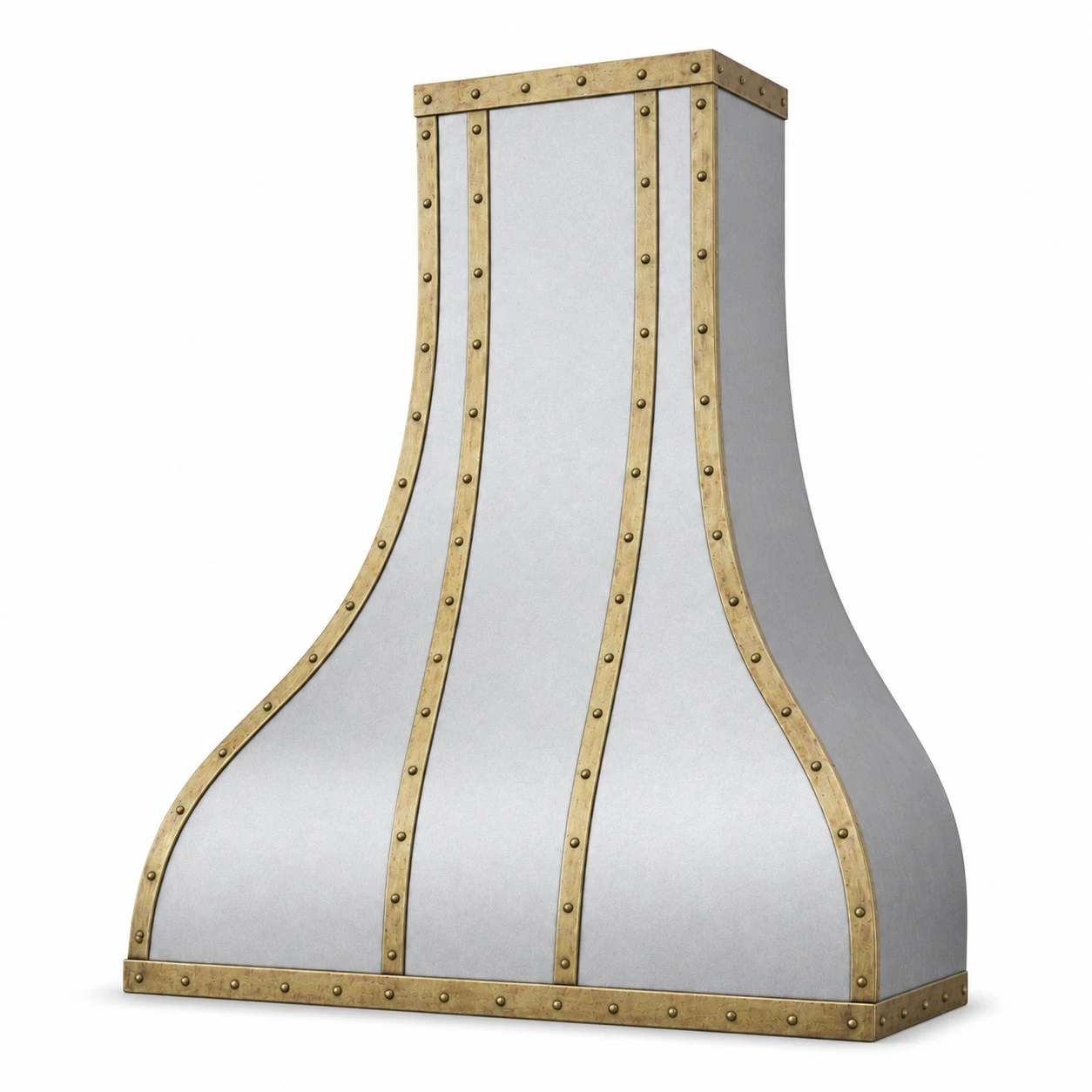 Antique zinc range hood with brass straps and rivets, angled view showing smooth natural zinc and brass trim