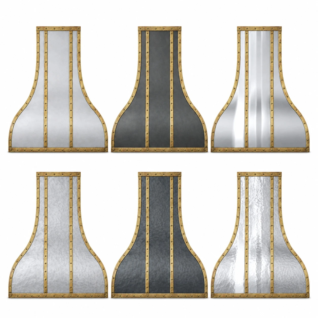 Zinc finish options for antique zinc range hood with brass straps and rivets