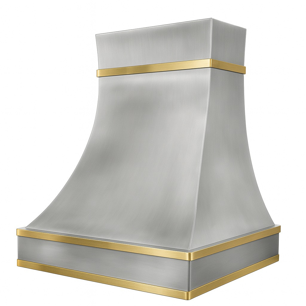 Zinc range hood with brass straps for a modern rustic kitchen, side view