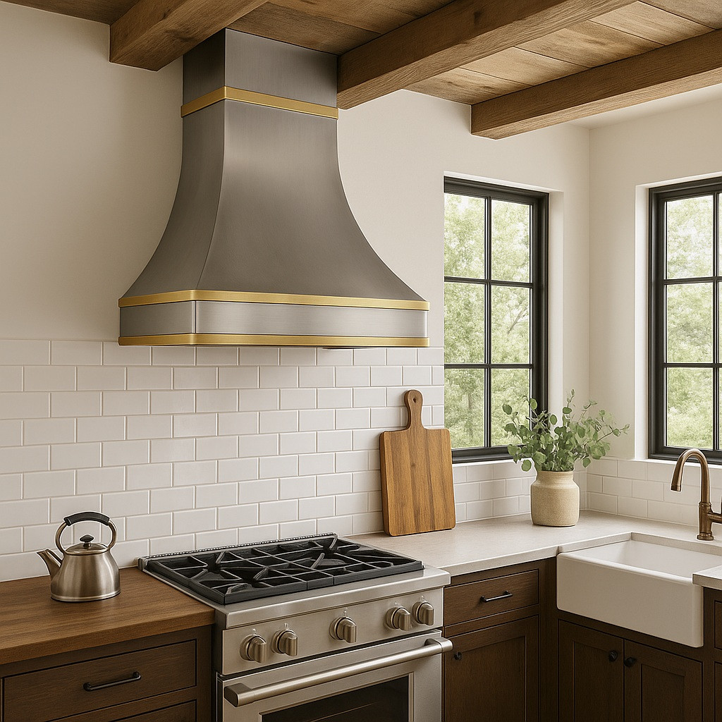 Zinc range hood with brass straps in a modern rustic kitchen setting