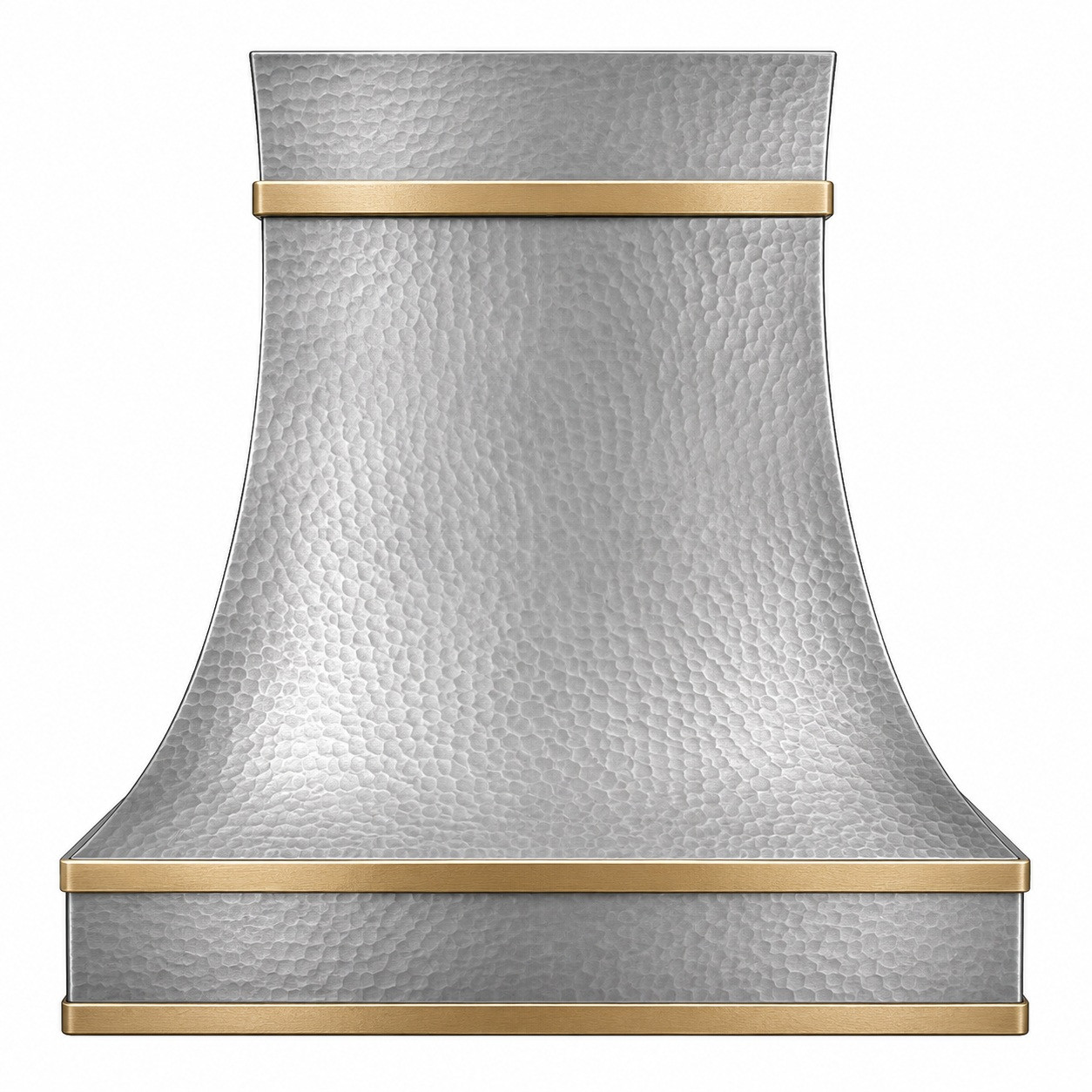 Soft-hammered zinc bell range hood with brass bands, boxed apron, compact chimney, and natural gray finish
