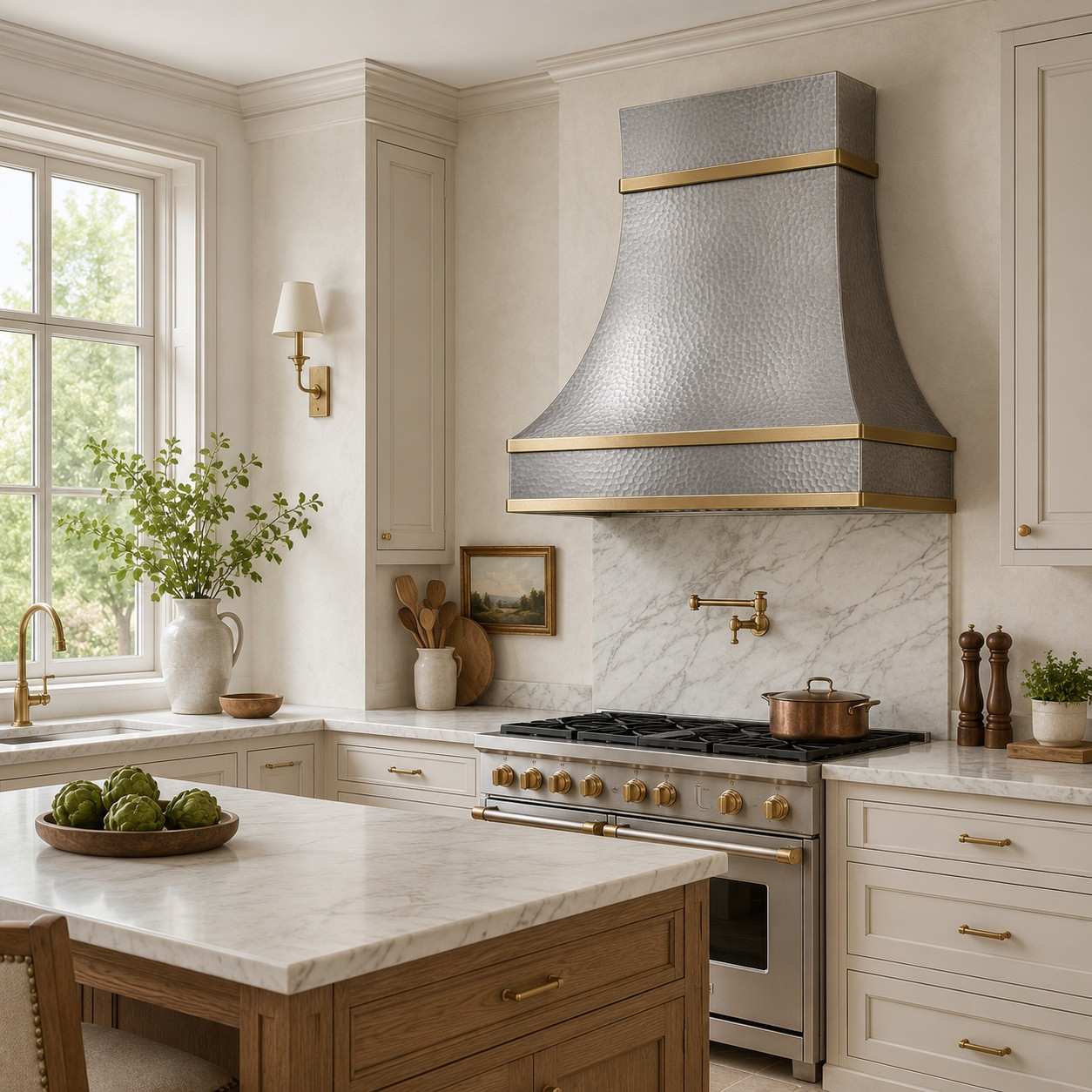 Transitional French kitchen with soft-hammered zinc bell range hood and brass bands