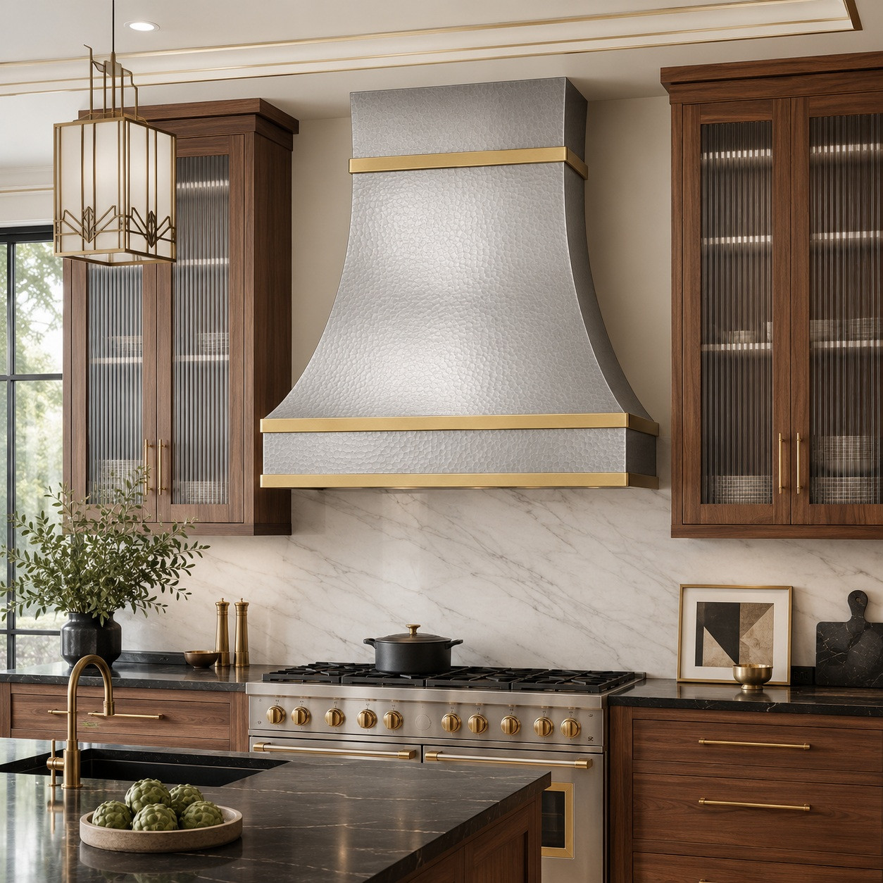 Art Deco contemporary kitchen with soft-hammered zinc bell range hood and brass bands