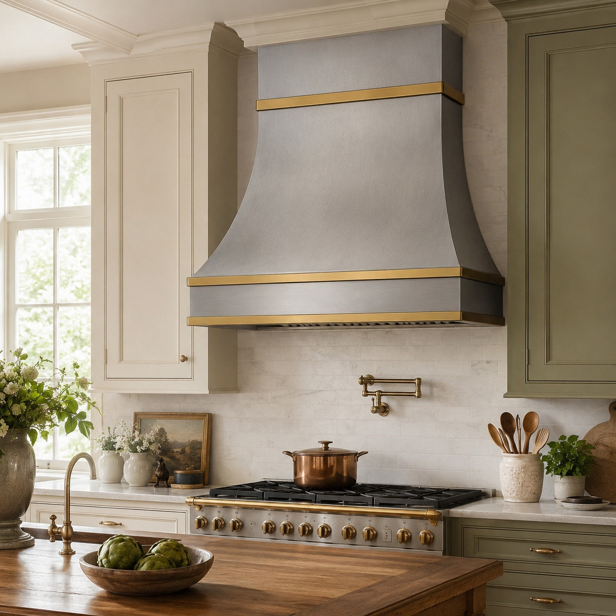 English country kitchen with soft-hammered zinc bell range hood and brass band detail