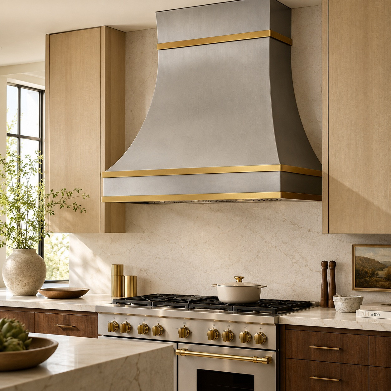 Warm contemporary kitchen with soft-hammered zinc bell range hood and brass bands
