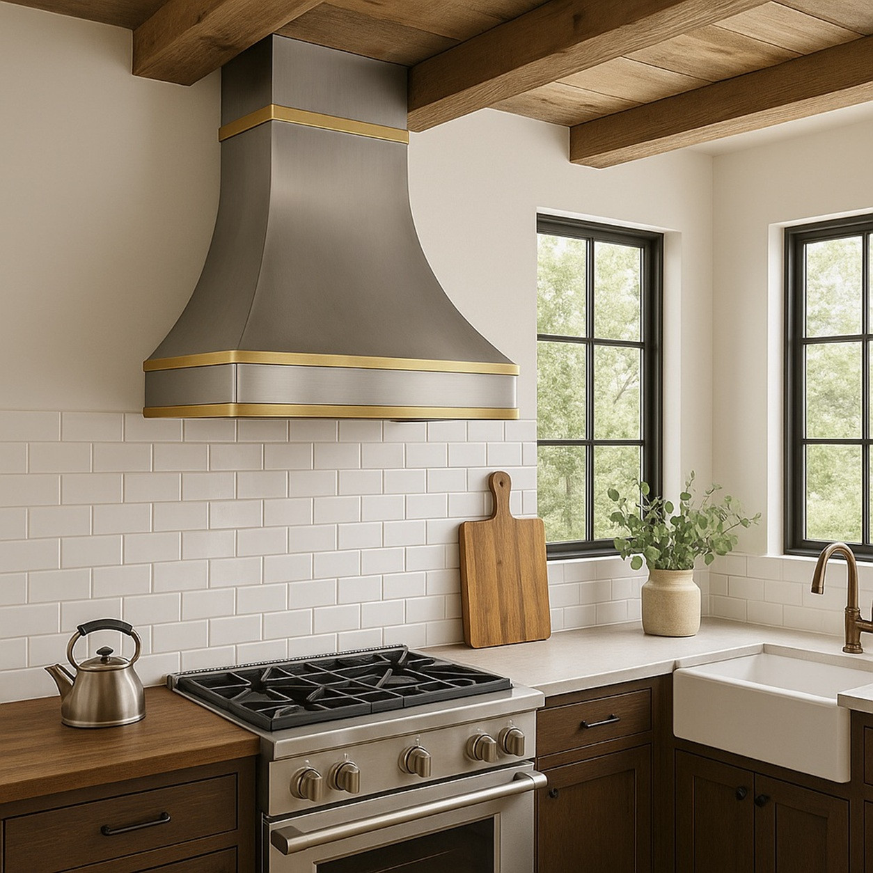 European farmhouse kitchen with soft-hammered zinc bell range hood and brass bands