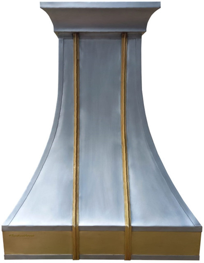 Custom zinc metal range hood with brass apron and straps front view, smooth panels with contrasting brass band and riveted details