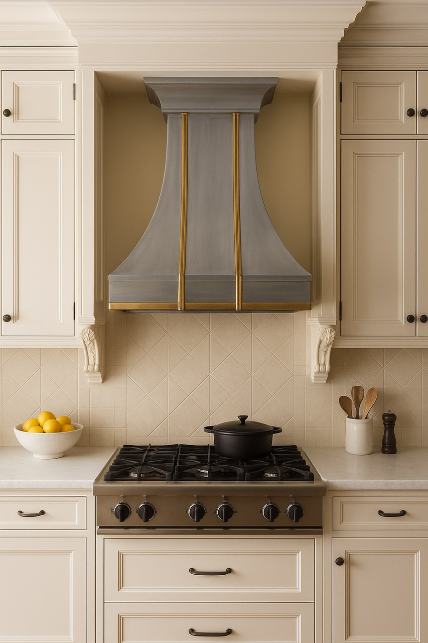 Custom zinc and brass metal range hood in English style kitchen, smooth panels with brass apron above range and classic cabinetry