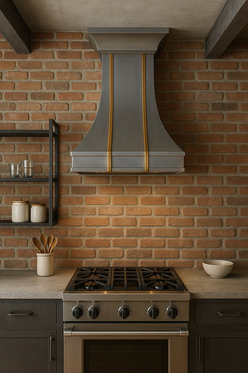 Custom zinc and brass metal range hood in industrial style kitchen, smooth zinc panels with brass apron above range and exposed elements