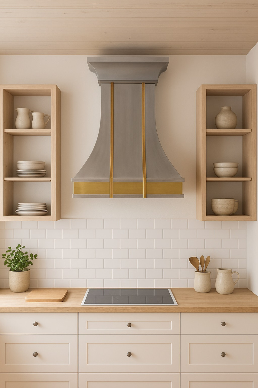 Custom zinc and brass metal range hood in Nordic kitchen design, smooth panels with brass apron above range and light wood cabinetry