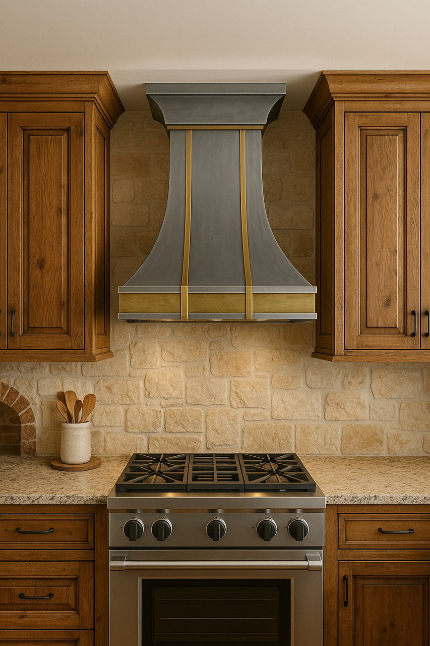 Custom zinc and brass metal range hood 30 inch in rustic kitchen, smooth zinc panels with brass apron above range and wood accents