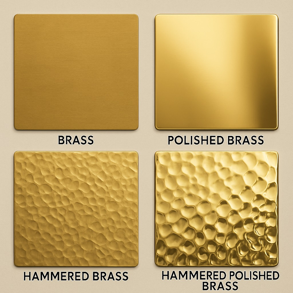 Finish and texture swatches for hammered brass range hood with riveted straps, showing natural or polished options