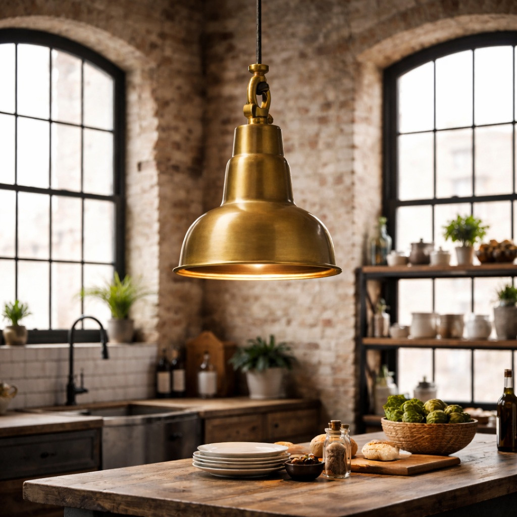Brass bell shade pendant lamp with tiered neck and swivel hook above dining table in loft style dining room with brick walls