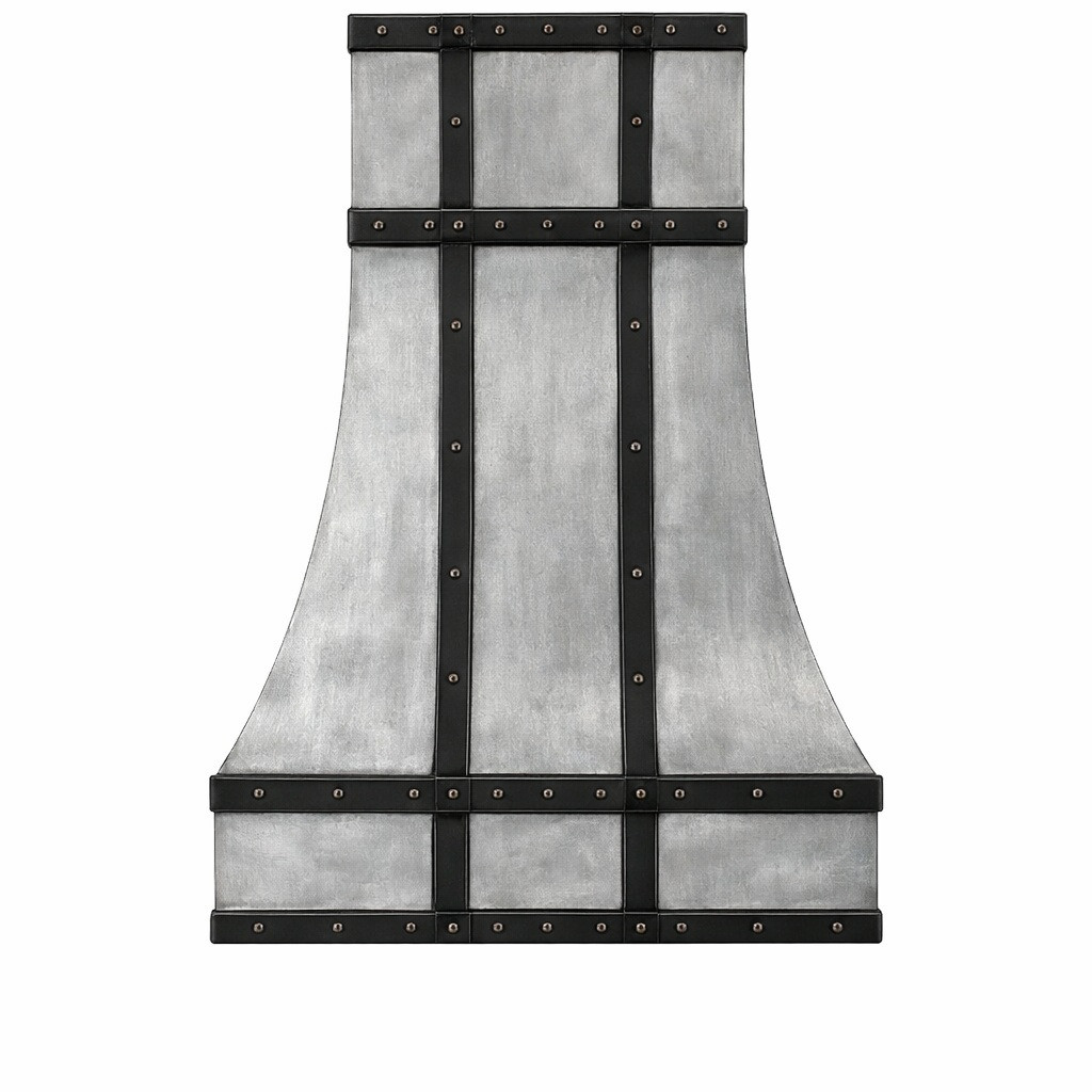 Brushed zinc range hood with darkened zinc straps, front view