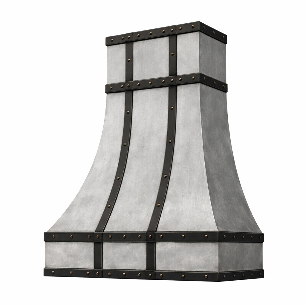 Brushed zinc range hood with darkened zinc straps, side view