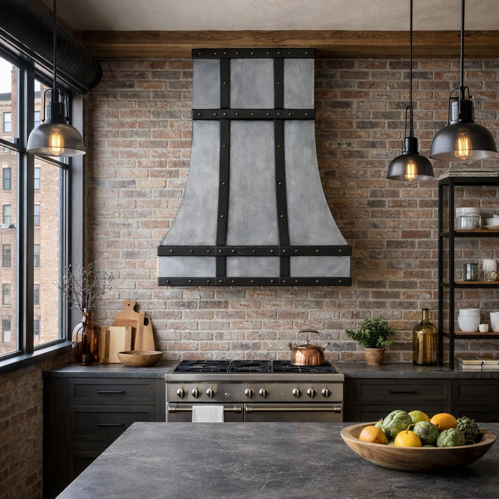 Urban industrial kitchen with a brushed zinc range hood with darkened zinc straps