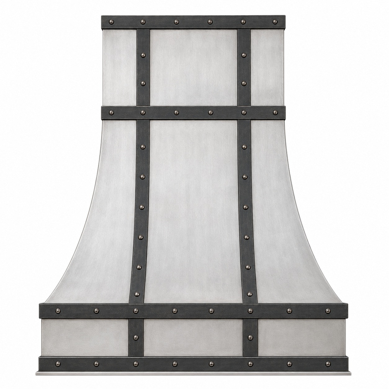 Brushed zinc range hood with darkened zinc straps, rivets, tall chimney, and boxed apron